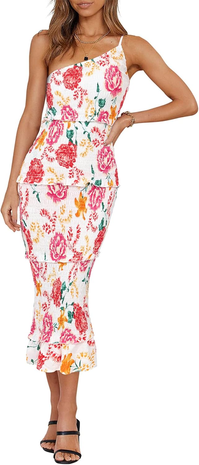 PRETTYGARDEN Women's Summer Midi Bodycon Dresses One Shoulder Strappy Tiered Ruffle Floral Boho Sun Dress