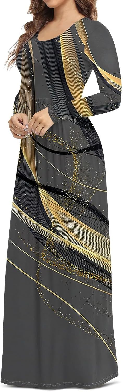 Long Sleeve Maxi Dress for Women Elegant Crew Neck Flowy Swing Dresses Solid Color Wedding Guest Dresses