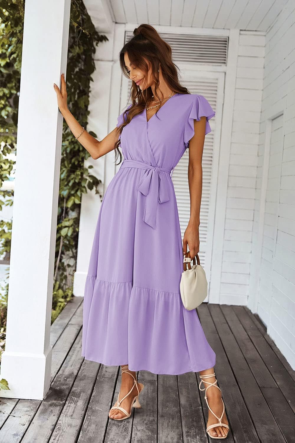 PRETTYGARDEN Women's Summer Floral Boho Dress Wrap V Neck Short Sleeve Ruffle A-Line Flowy Maxi Wedding Guest Dresses