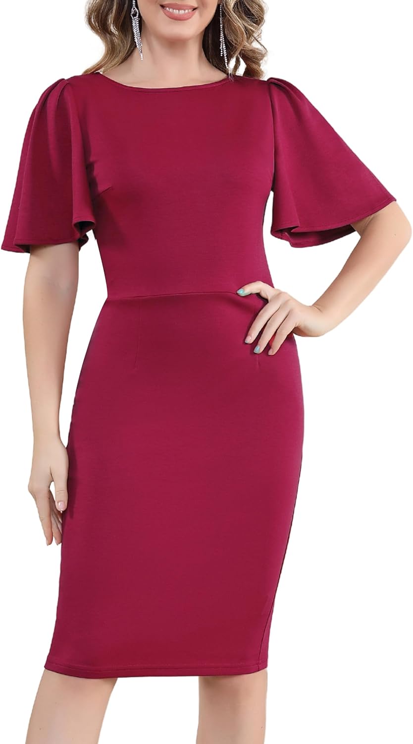 Aphratti Women's Short Sleeve Work Sheath Midi Dress Elegant Fitted Cocktail Party Church Funeral Outfit
