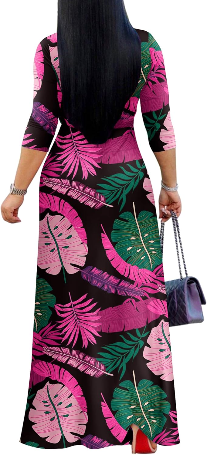 FANDEE Plus Size Maxi Dress for Women Casual Summer Sundress V-Neck 3/4 Sleeve