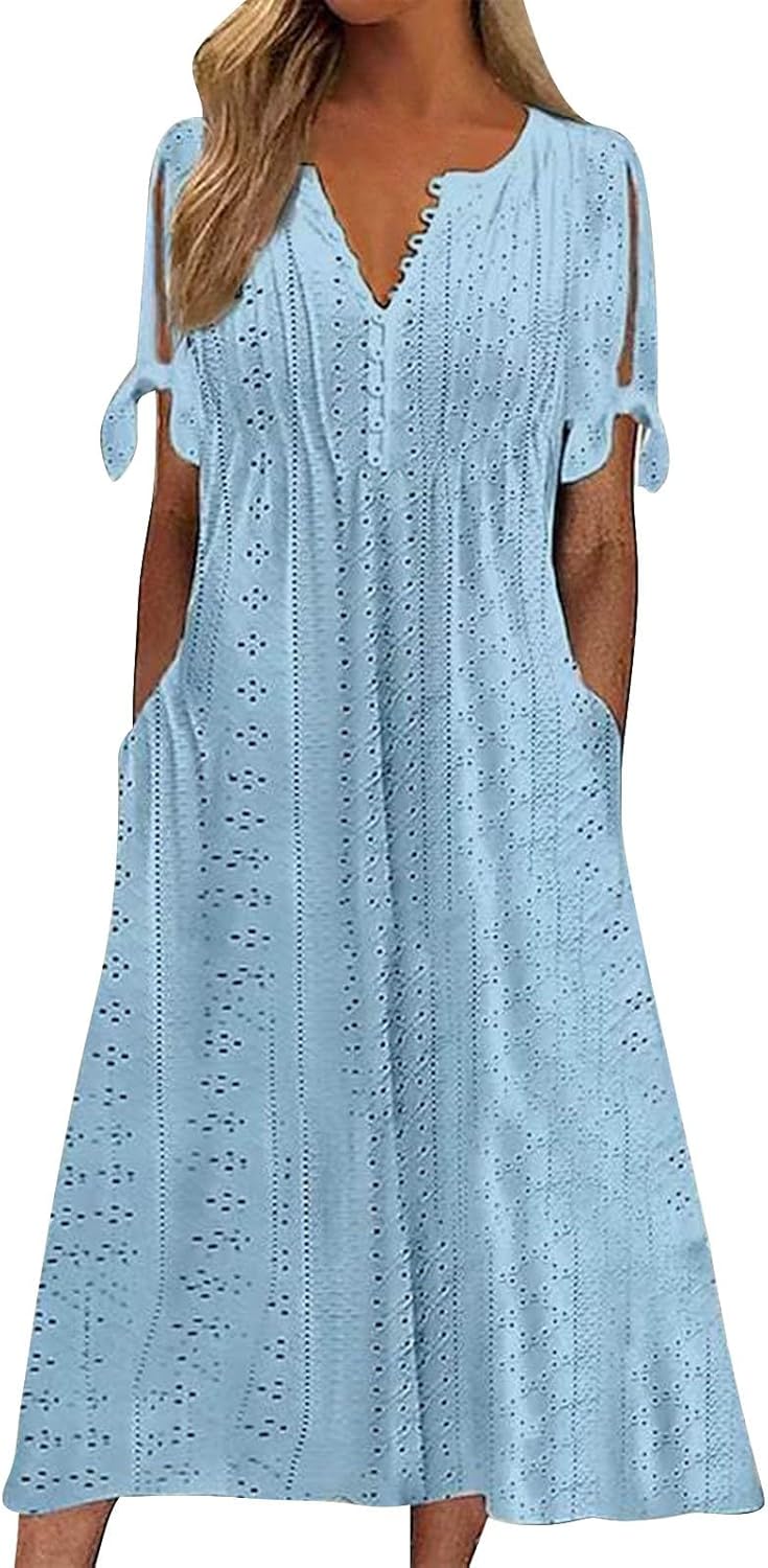 ZYXTIM Womens Eyelet Dress V Neck Short Sleeve Hollow Out Summer Beach Vacation Dresses Swing A Line Vintage Long Dresses