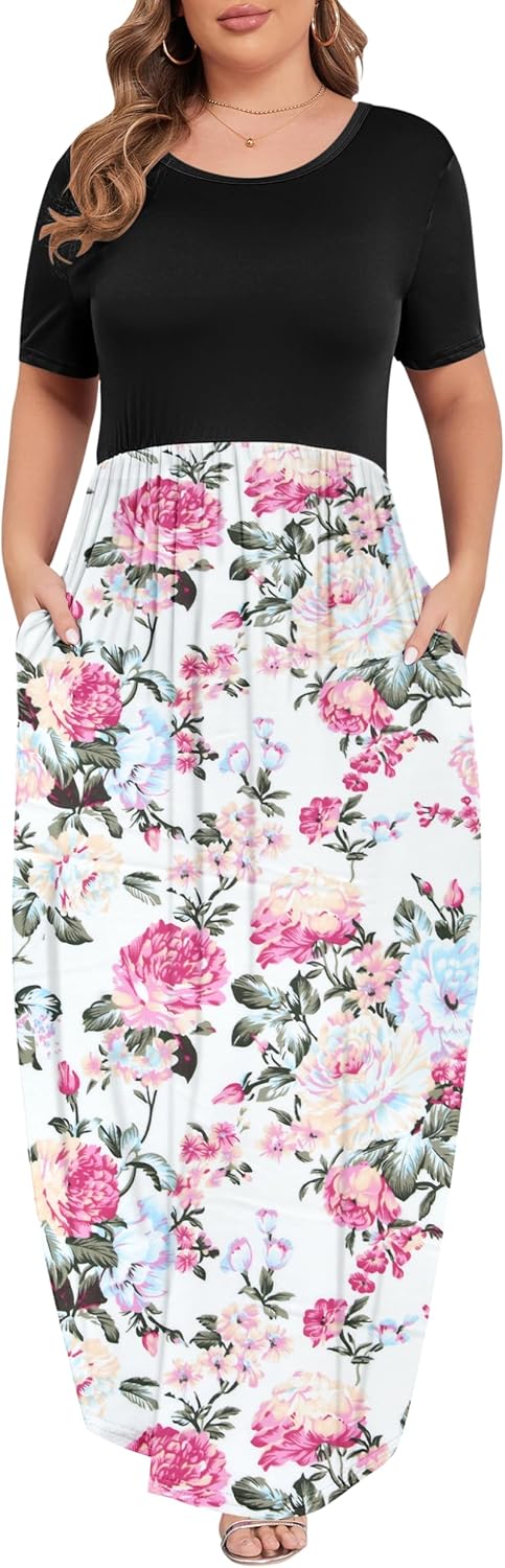 KARALIN Women’s Plus Size Maxi Dresses for Curvy Women Summer Casual Short Sleeve 2025 Long Dress 14W-26W