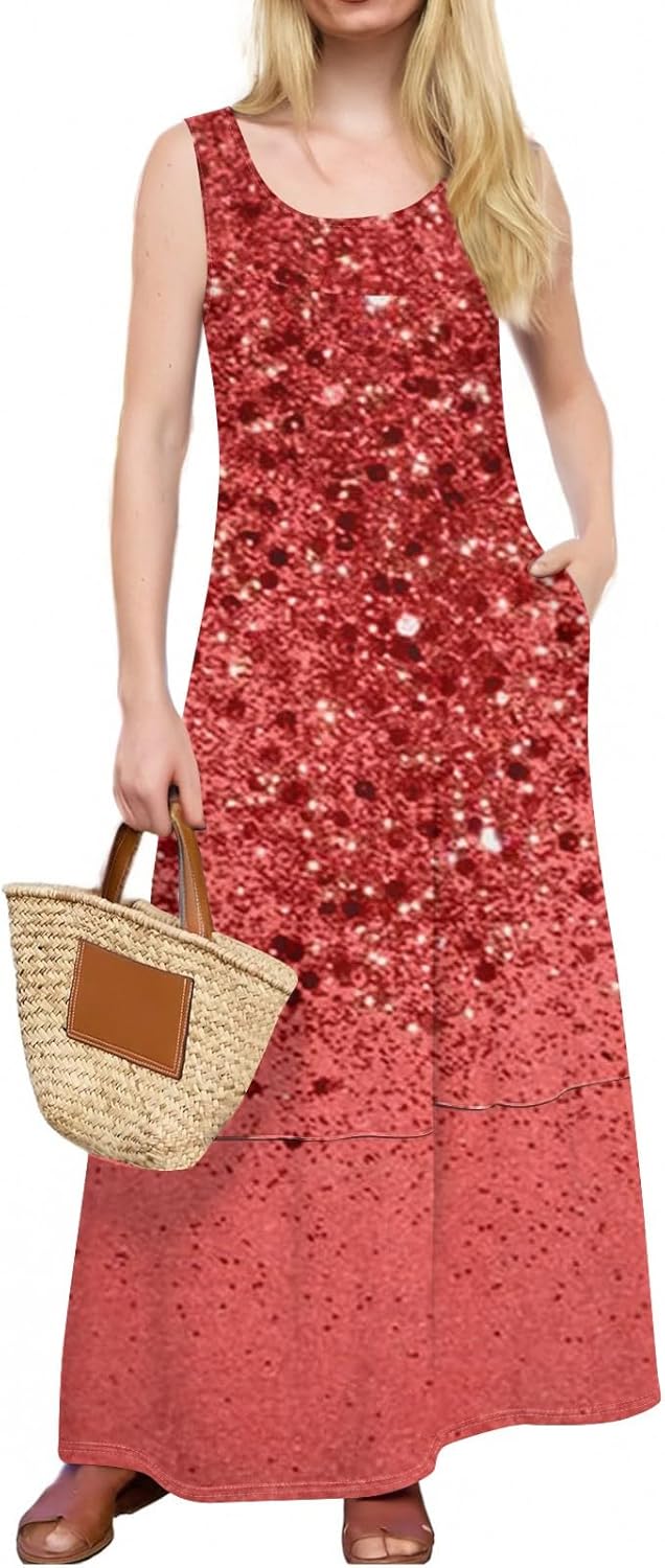 Womens Summer Tank Dress Vacation Boho Floral Long Dresses with Pockets Resort Wear Swing Beach Sleeveless Sundress