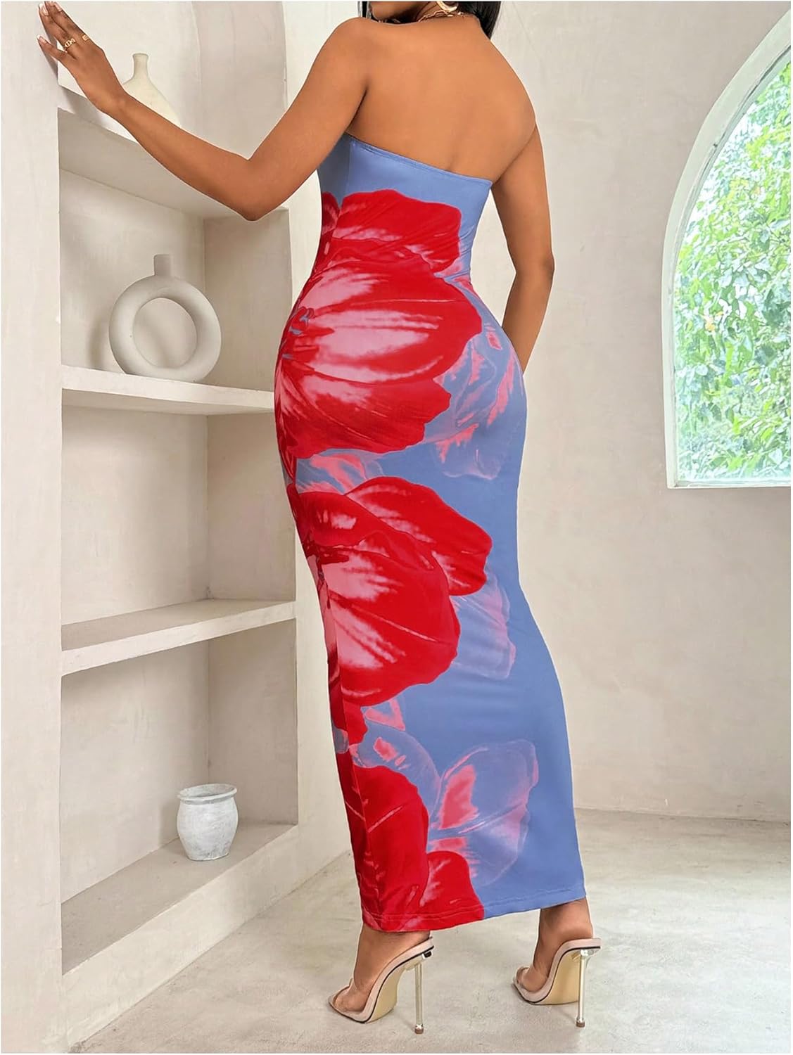 GORGLITTER Women's Floral Strapless Tube Dress Sleeveless Bodycon Maxi Dress Wedding Guest Long Dress