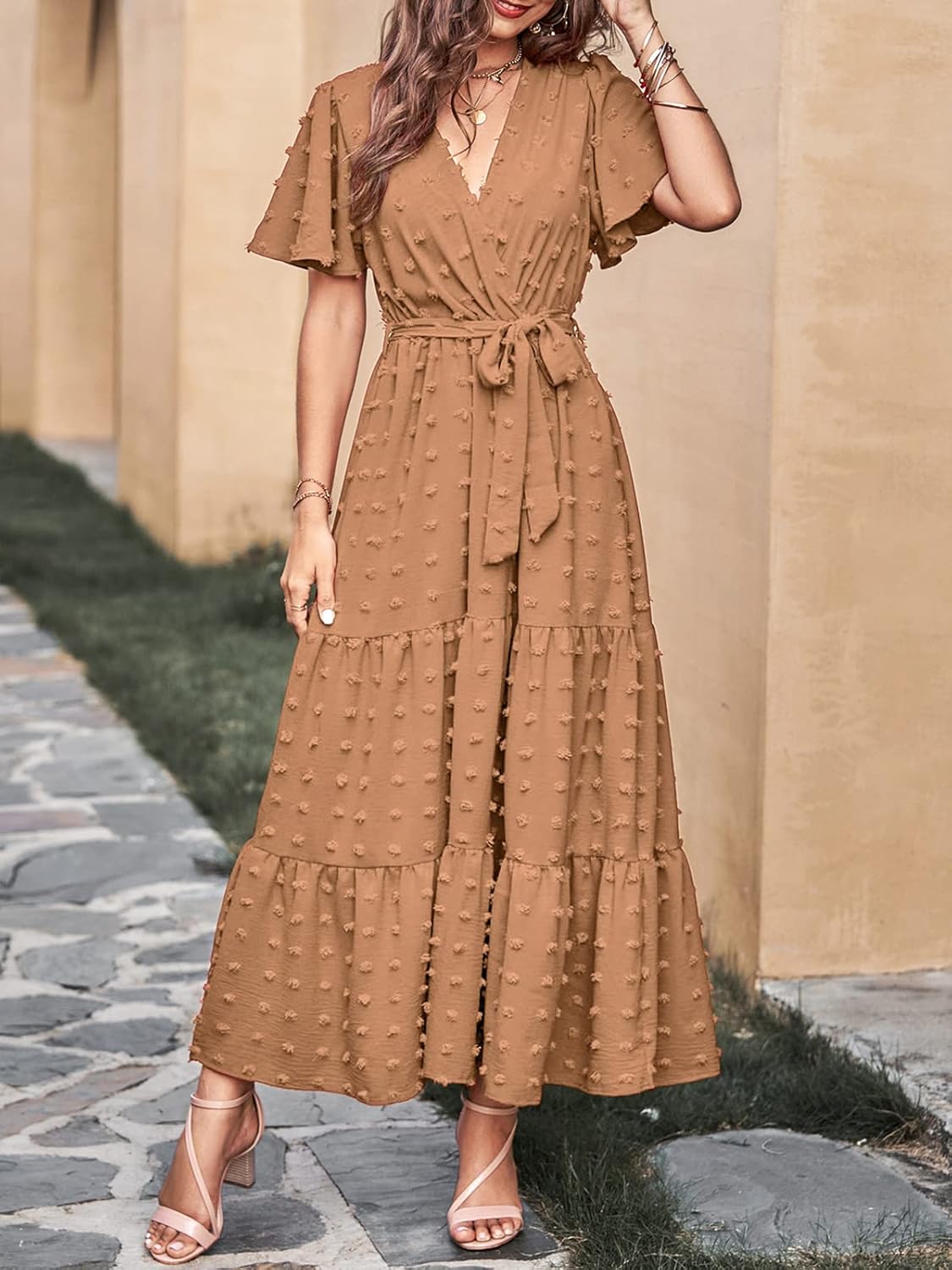 MASCOMODA Womens Boho Swiss Dot Maxi Dresses Wrap V Neck Flutter Short Sleeve Solid Tie Belt A Line Tiered Flowy Long Dress