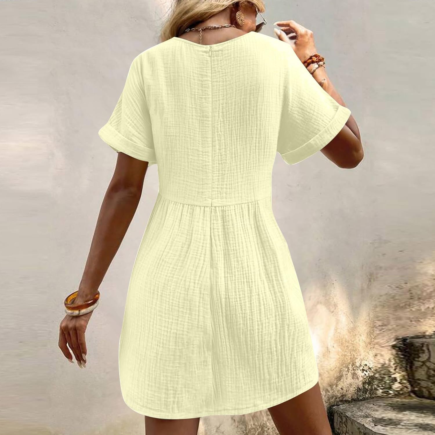 hlysgo Womens Summer Dresses 2024 Casual Loose Fit Short Sleeve V Neck Mini Dress Trendy Vacation Tshirt Dress with Pockets