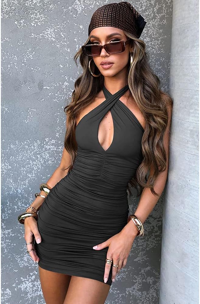 BEAGIMEG Women's Sexy Bodycon Sleeveless Criss Cross Ruched Halter Mini Dress Party Club Dress