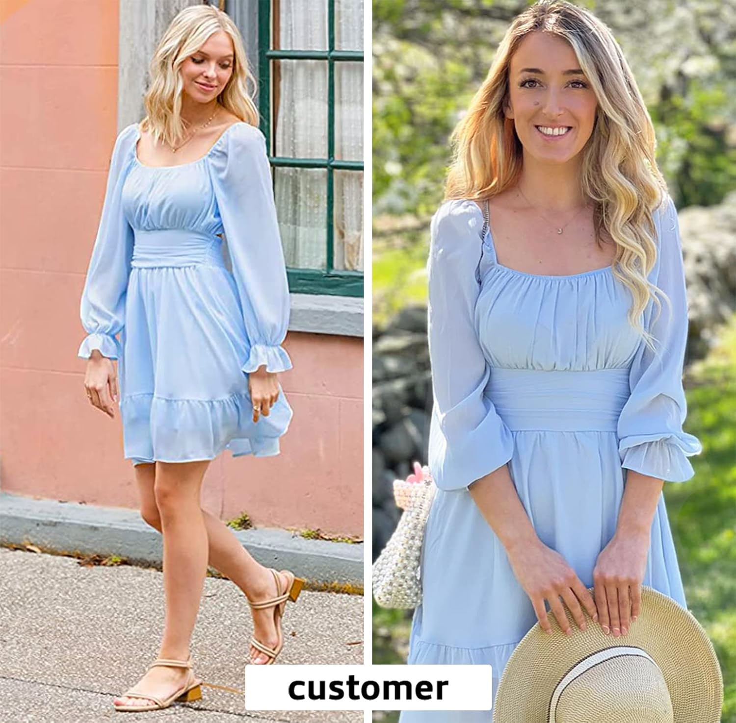 EXLURA Women's 2025 Casual Long Lantern Sleeve Dresses Square Neck Ruffle Tie Back Elastic Waist Aline Short Mini Dress