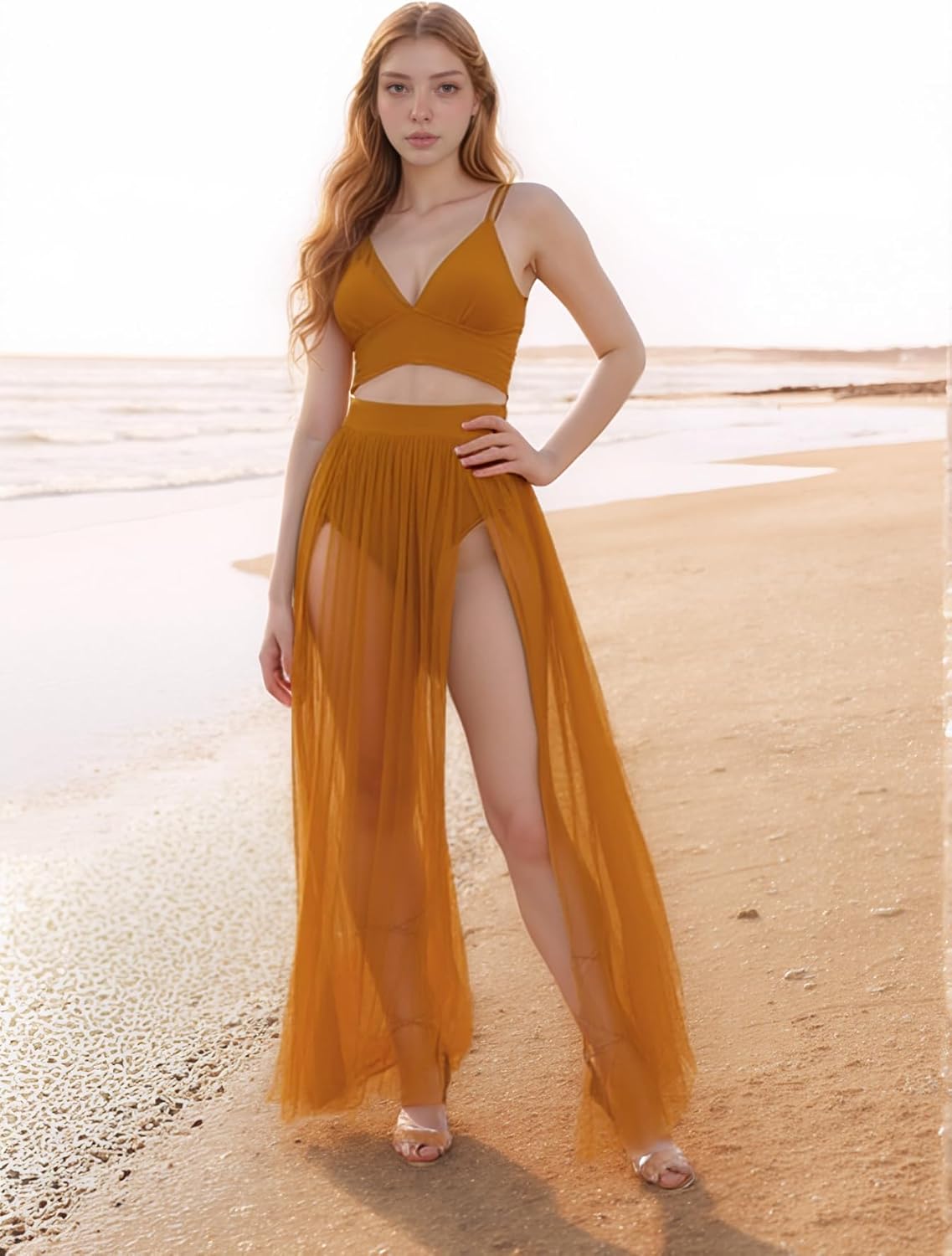 Women Sexy 2 Piece Outfits Dress Chiffon Strap Deep V Neck Bra Crop Top High Split Maxi Dresses Skirt Set