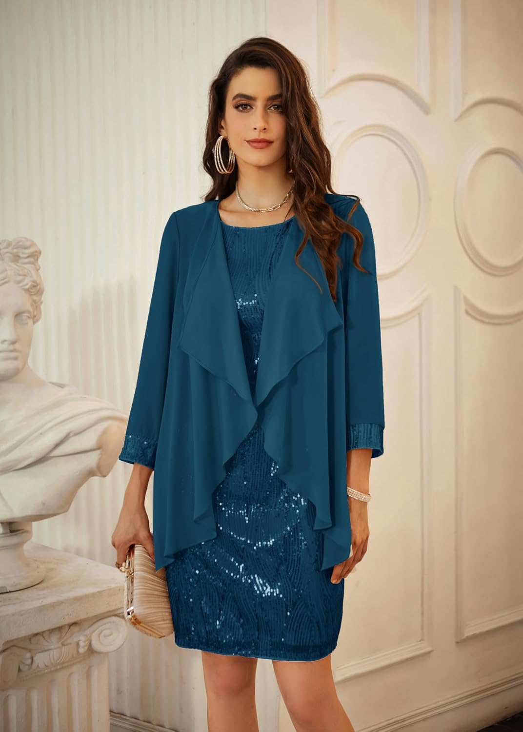 GRACE KARIN Sequin Dress for Women Knee Length Mother of the Bride Dresses Formal Dress Two Piece Dress with Chiffon Jacket