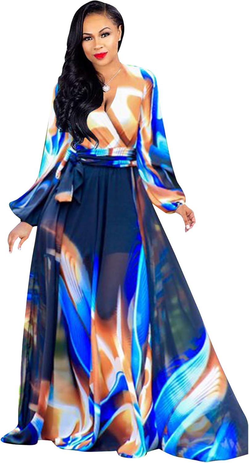 Nuofengkudu Womens Chiffon Deep V-Neck Stripe Printed Maxi Dress Unique Loose Summer Boho Dresses High Waiste(S-5XL)