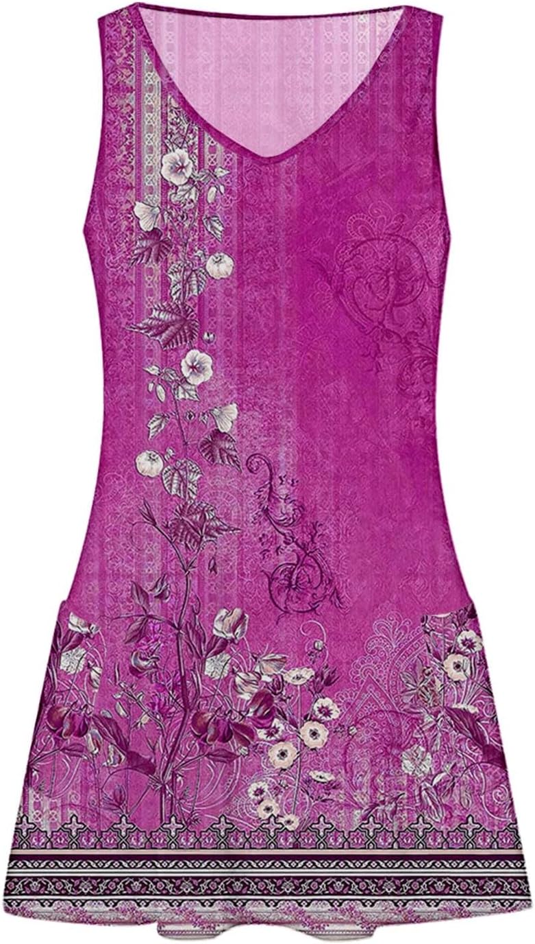 Women's Summer Dresses 2025 Beach Casual Sleeveless Floral Print Boho Tank Dress V Neck Ruffle Dresses