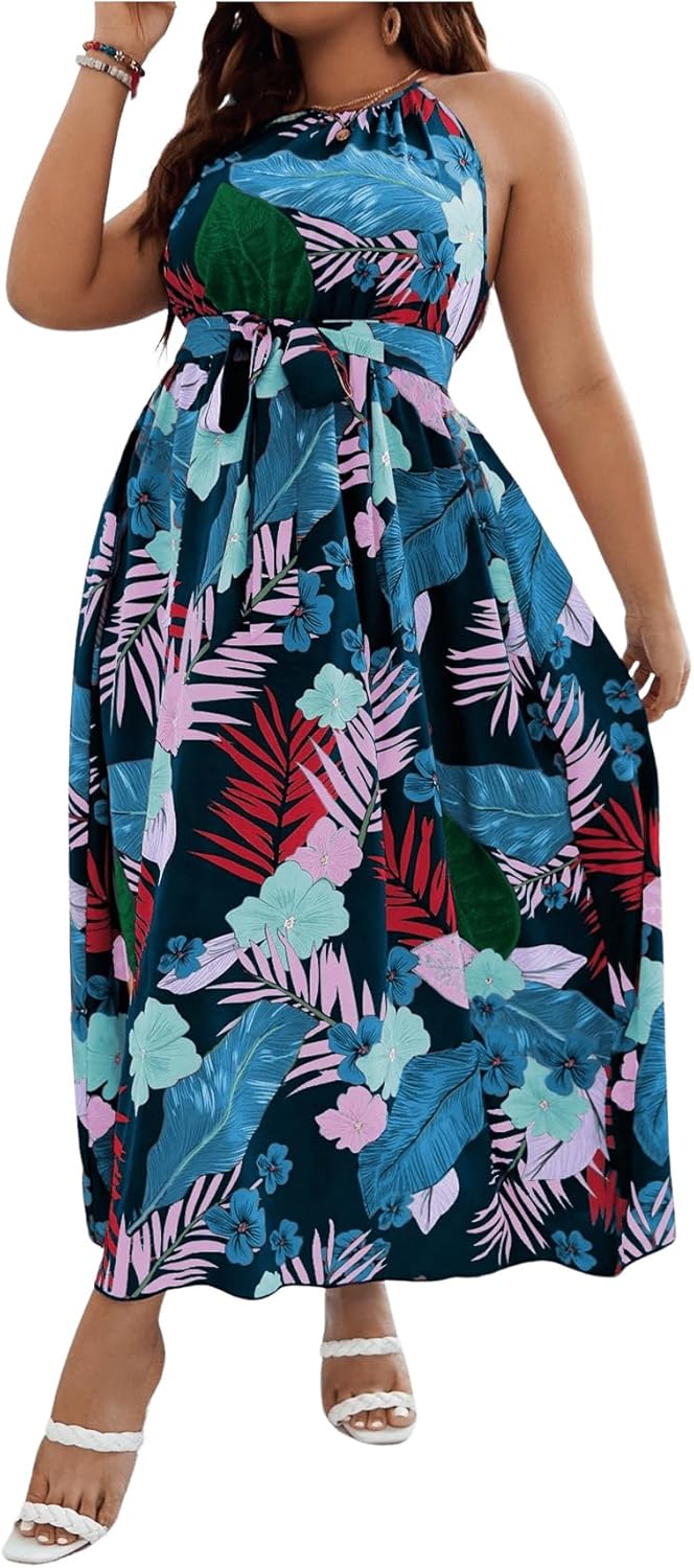 Floerns Women's Plus Size Boho Sleeveless Halter Neck Tie Back A Line Long Dress
