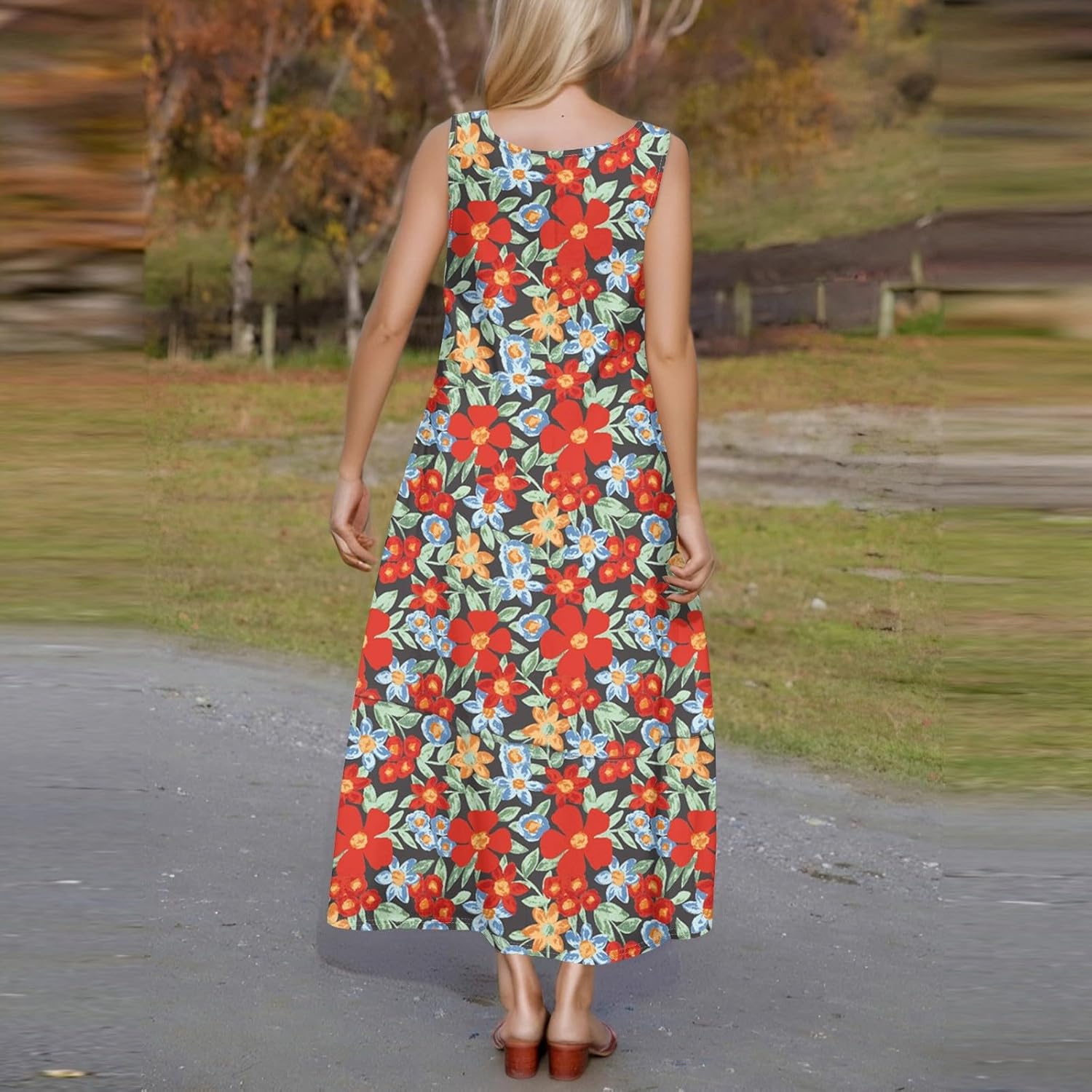 Womens Summer Tank Dress Vacation Boho Floral Long Dresses with Pockets Resort Wear Swing Beach Sleeveless Sundress