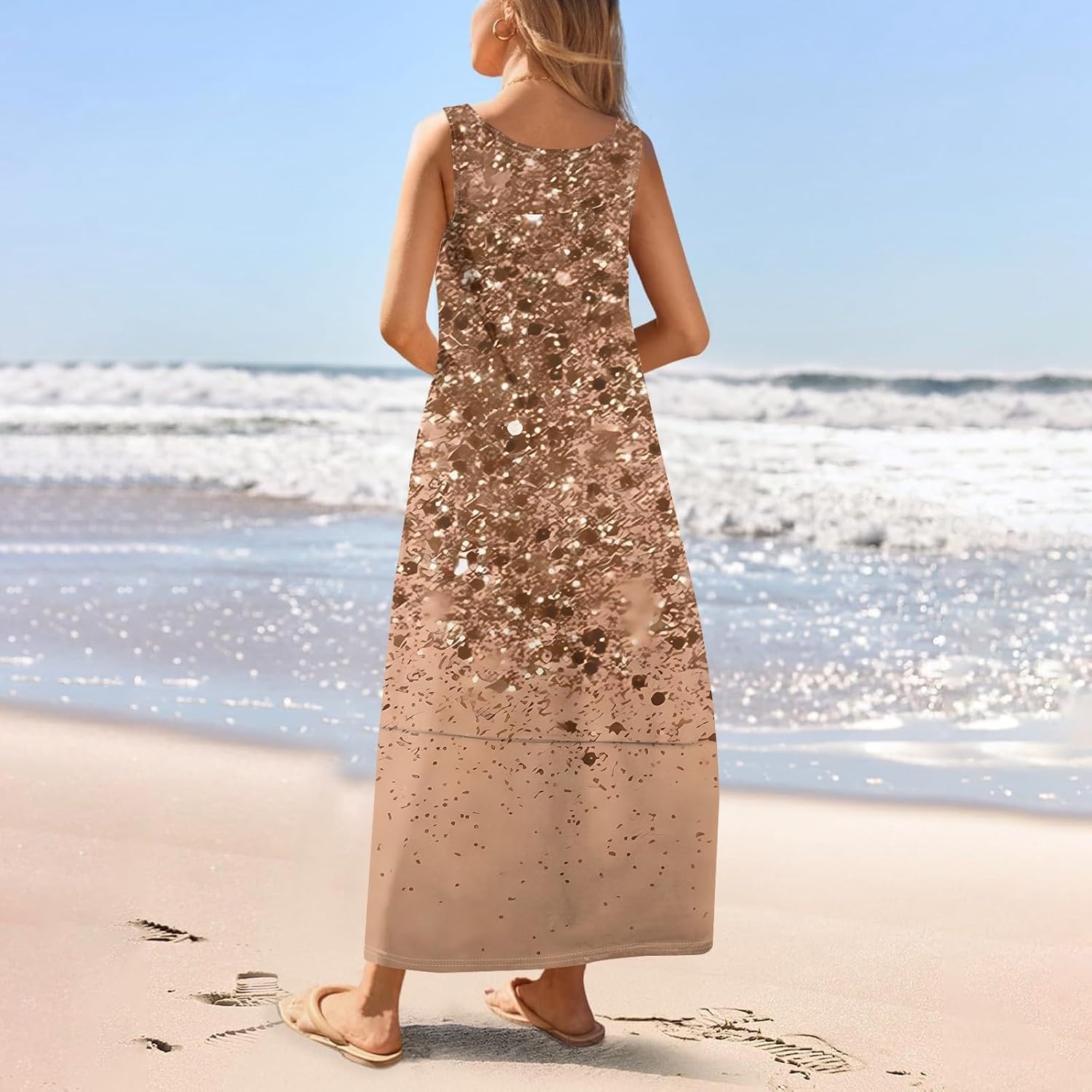 Womens Summer Tank Dress Vacation Boho Floral Long Dresses with Pockets Resort Wear Swing Beach Sleeveless Sundress