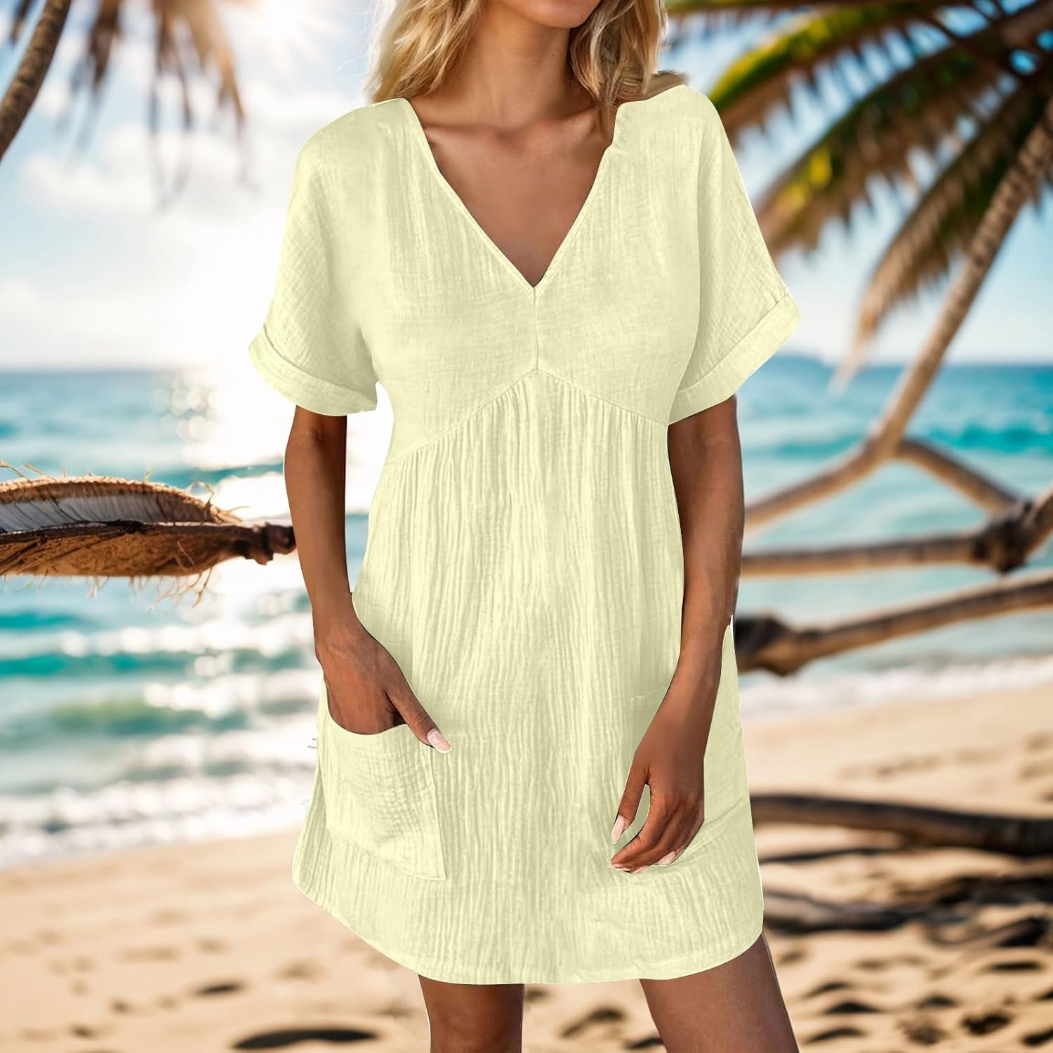 hlysgo Womens Summer Dresses 2024 Casual Loose Fit Short Sleeve V Neck Mini Dress Trendy Vacation Tshirt Dress with Pockets