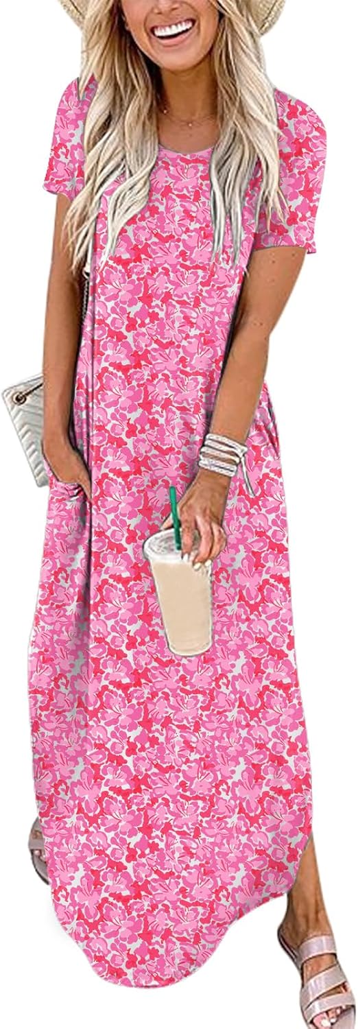 ANRABESS Women's Summer Casual Loose Short Sleeve Long T Shirt Dress Split Maxi Beach Sundress Travel Vacation Outfits