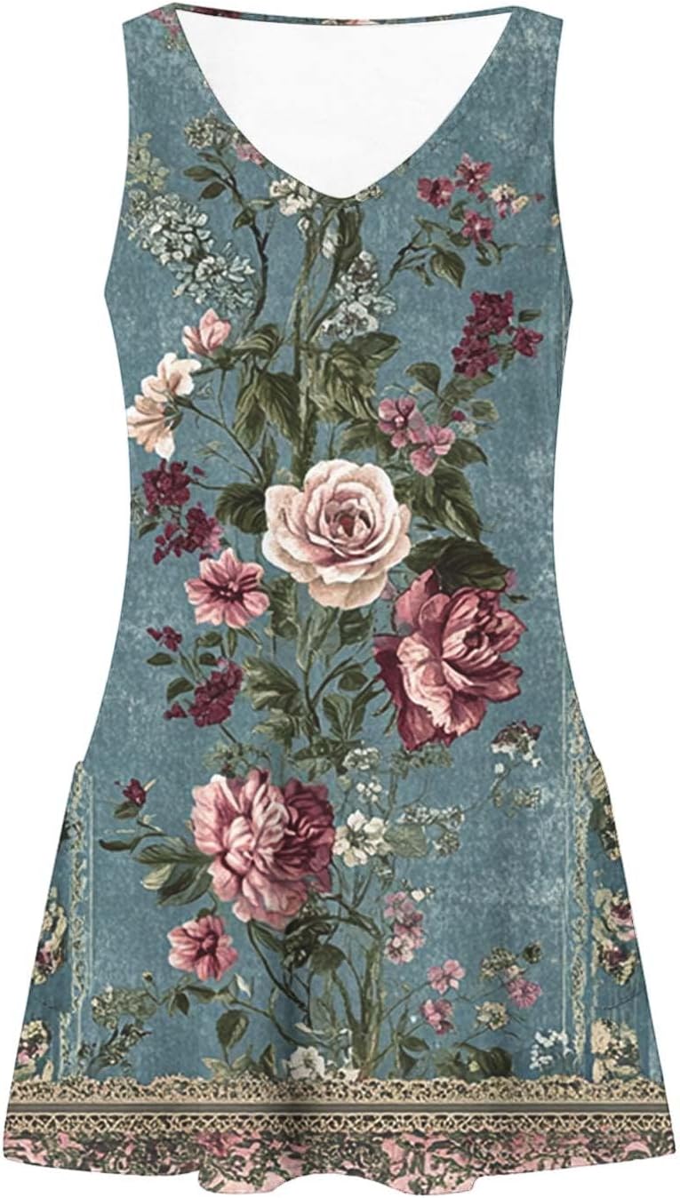 Womens 2025 Spring Summer Dresses Casual Floral Print V-Neck Tank Dress Curve Hem Pleated A-Line Sundresses