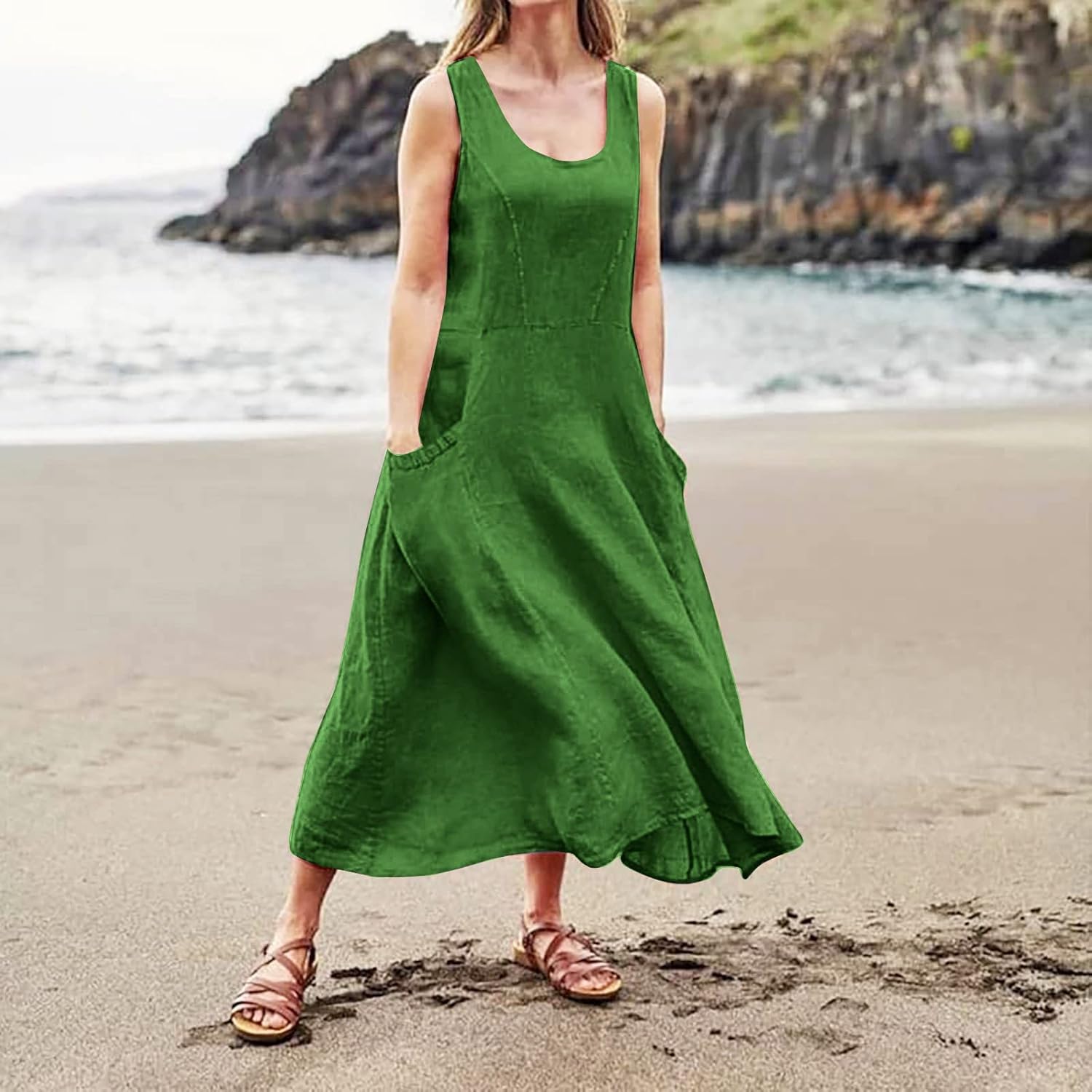 Women's Casual Sleeveless Dresses, Cotton Linen Pocket Dresses Summer Dresses for Women 2024 Sundresses Beach Dress
