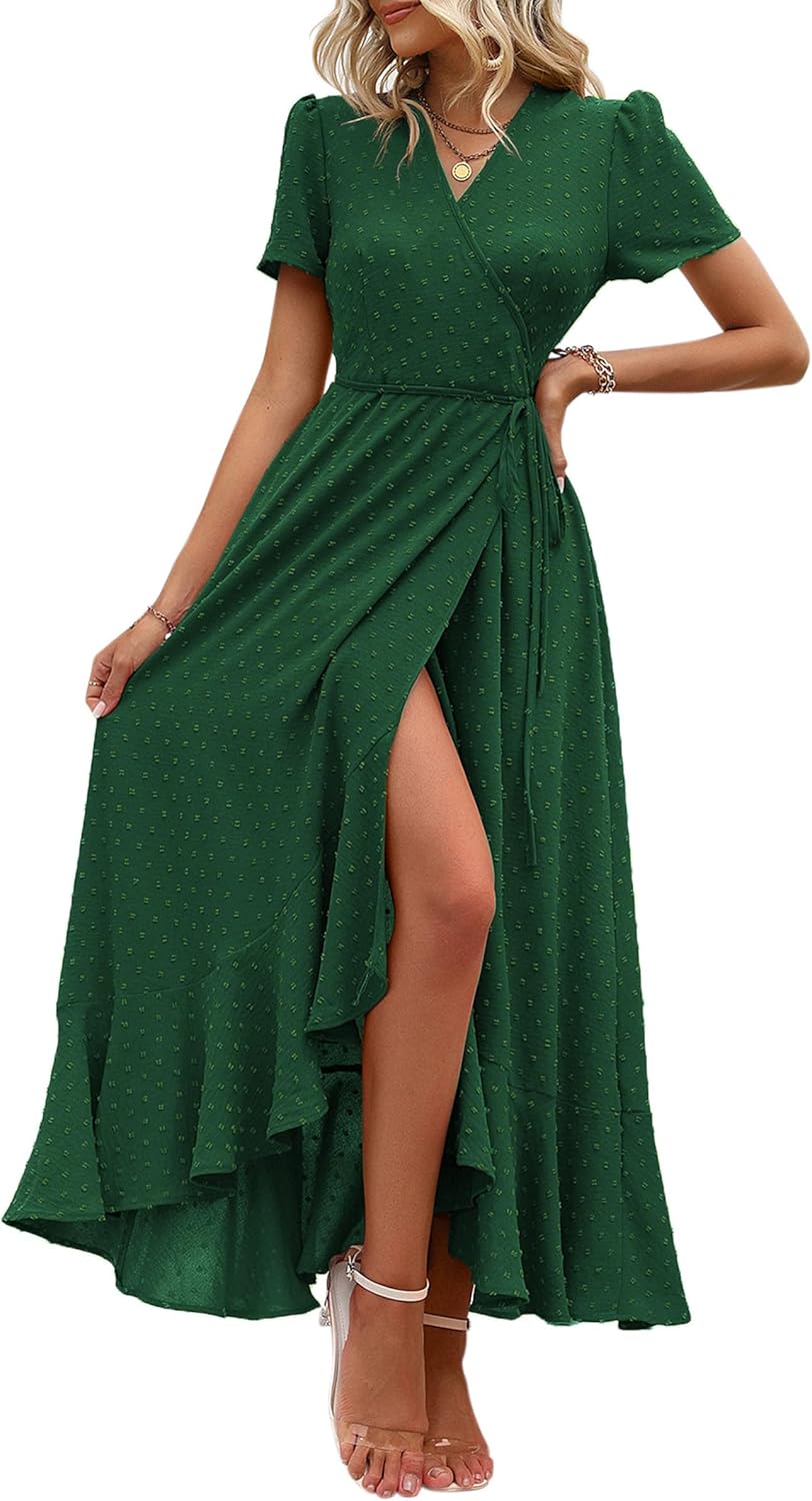 PRETTYGARDEN Women's Summer Wrap Maxi Dress Casual Short Sleeve Floral Boho V Neck Split Ruffle Beach Long Dresses