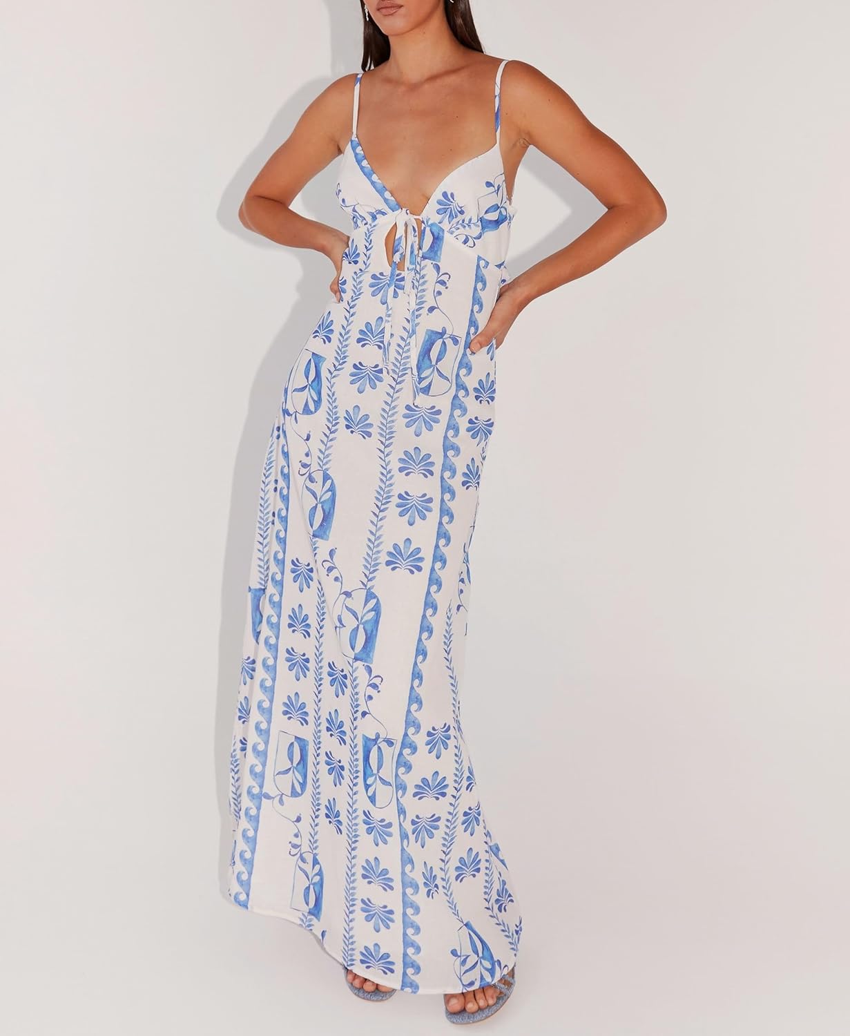 Luckinbaby Women Y2k Spaghetti Strap Maxi Dress V Neck Tie Front Cutout Long Cami Dress Backless Party Wedding Dress
