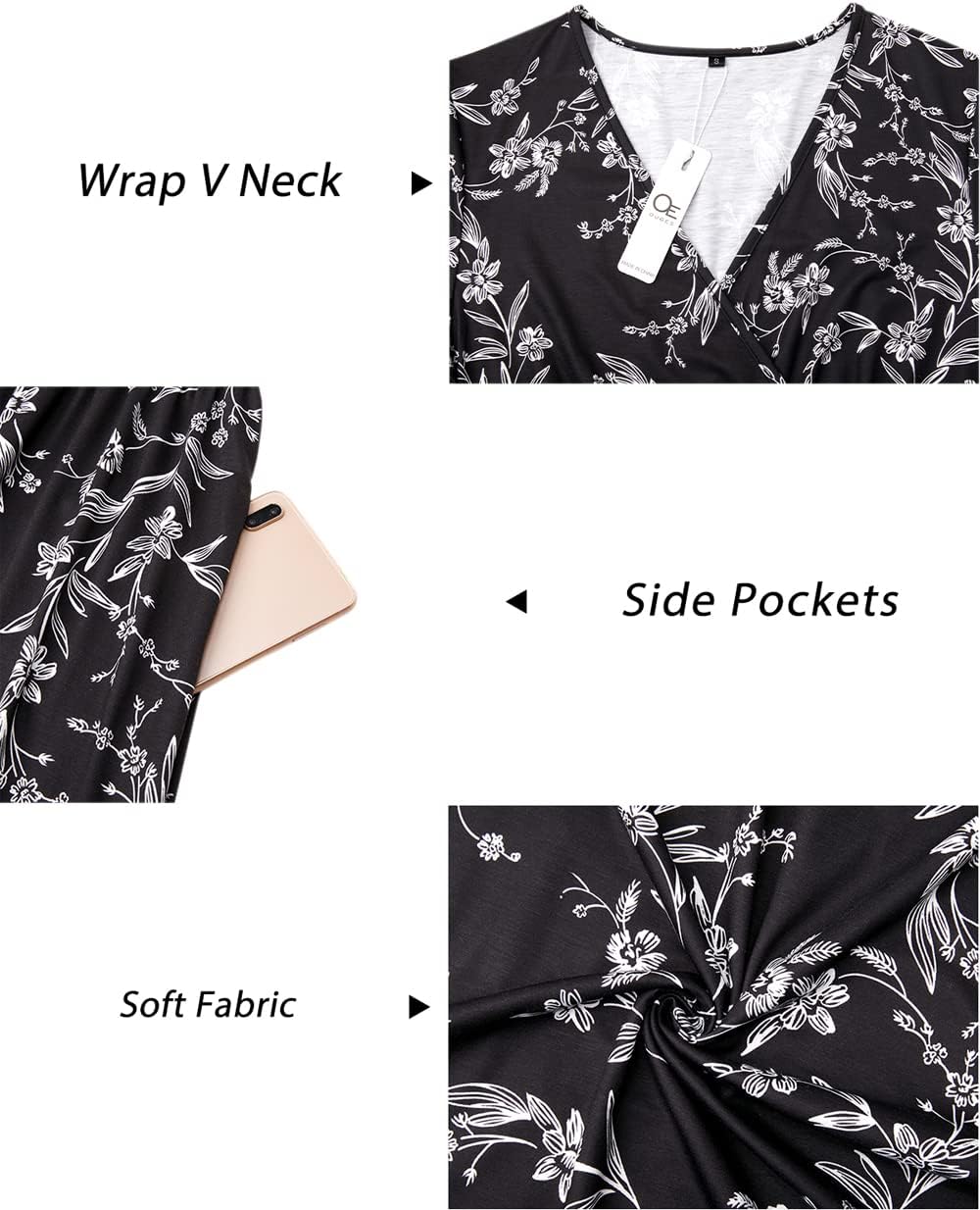 OUGES Women's Summer Short Sleeve V-Neck Floral Short Party Dress with Pockets