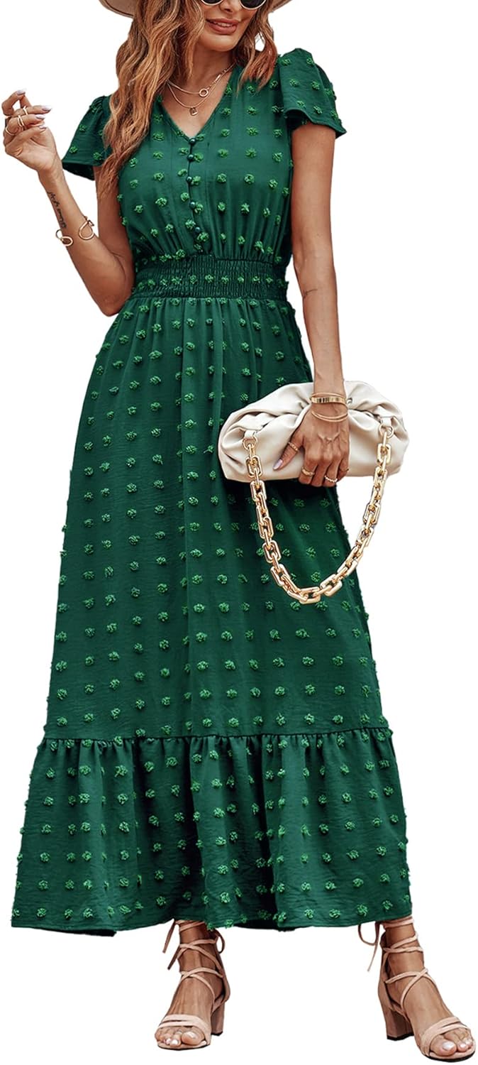 PRETTYGARDEN Womens Dresses 2025 Summer Maxi Dress Boho Short Sleeve V Neck Swiss Dot Ruffle Tiered Smocked Flowy Long Dress