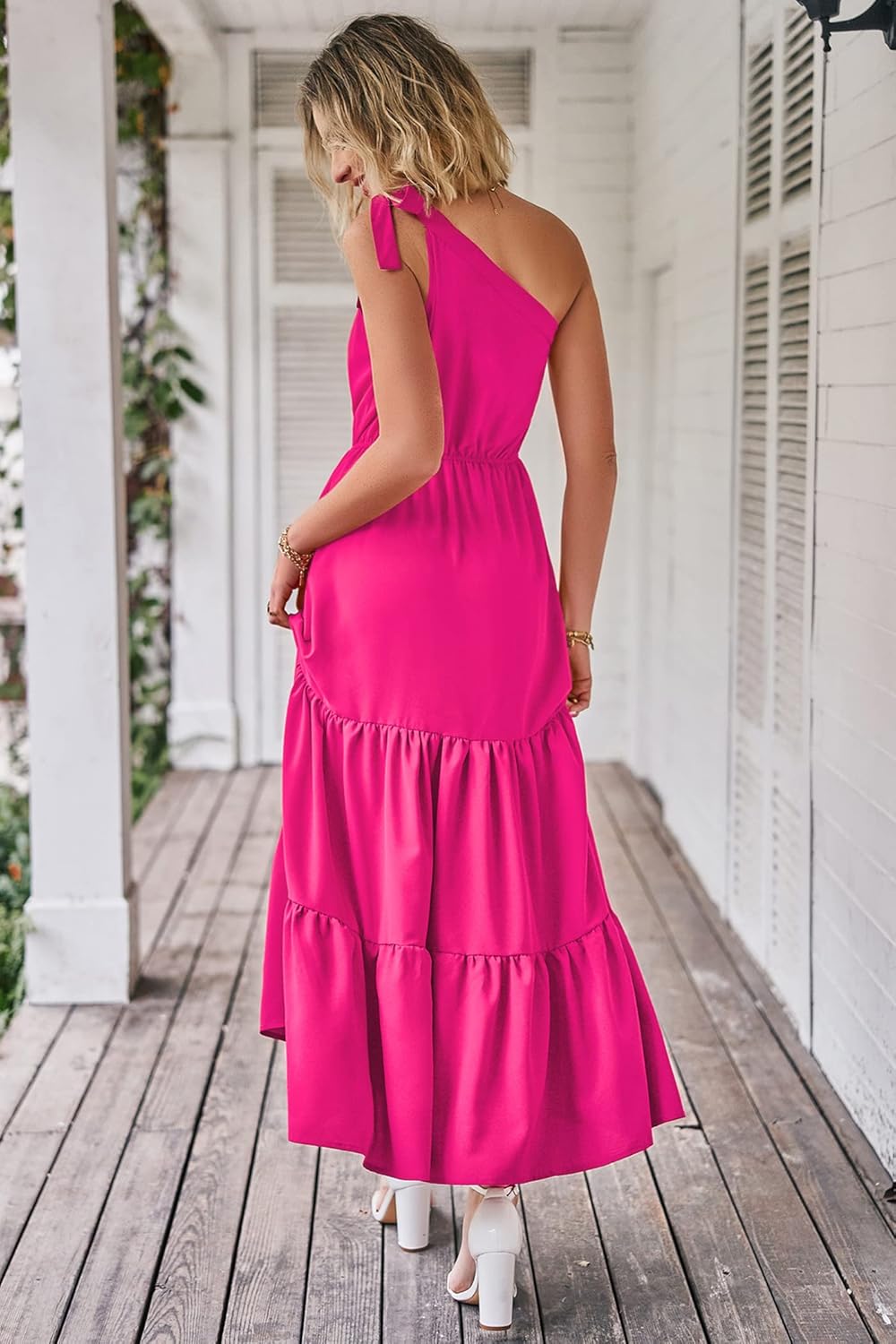 PRETTYGARDEN Women's Summer Floral Maxi Dress Knot One Shoulder Sleeveless Ruffle Flowy Boho Beach Wedding Guest Dresses