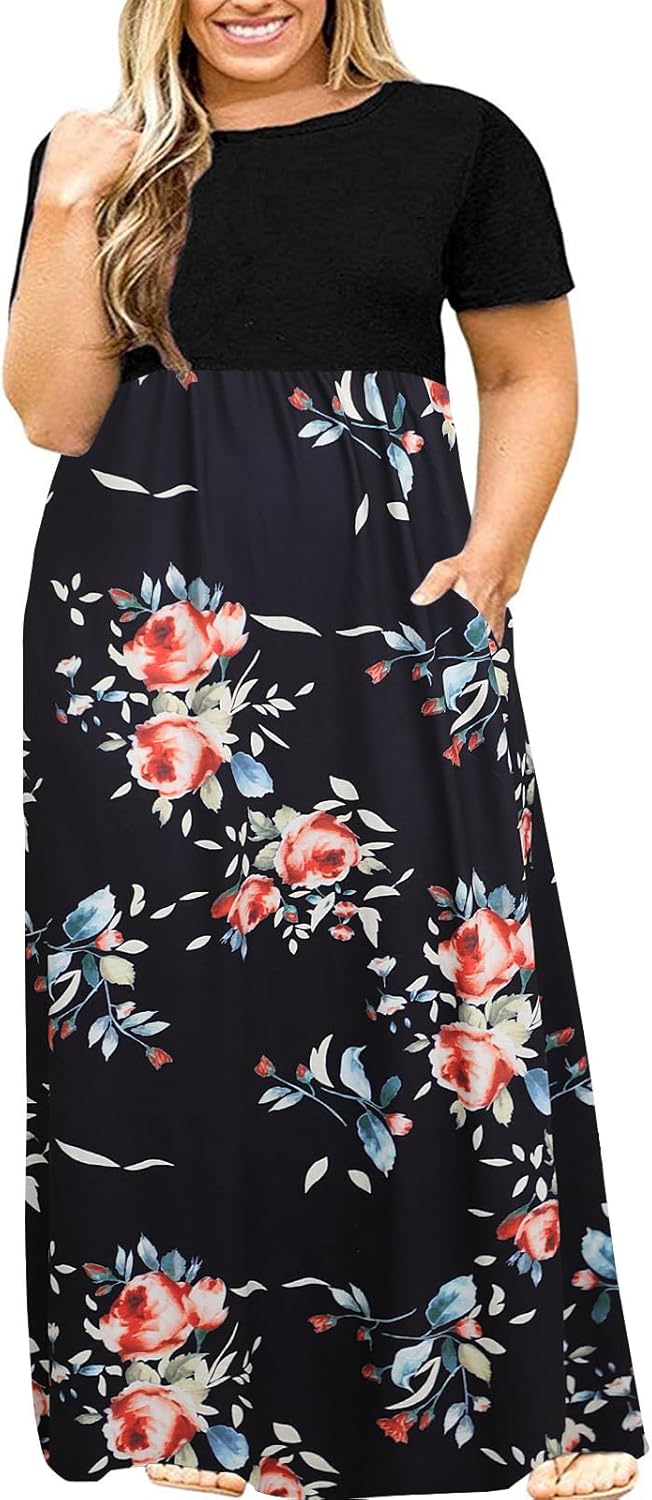 Kancystore Women's Short Sleeve Plus Size Maxi Dress with Pockets Loose Casual Summer Dresses