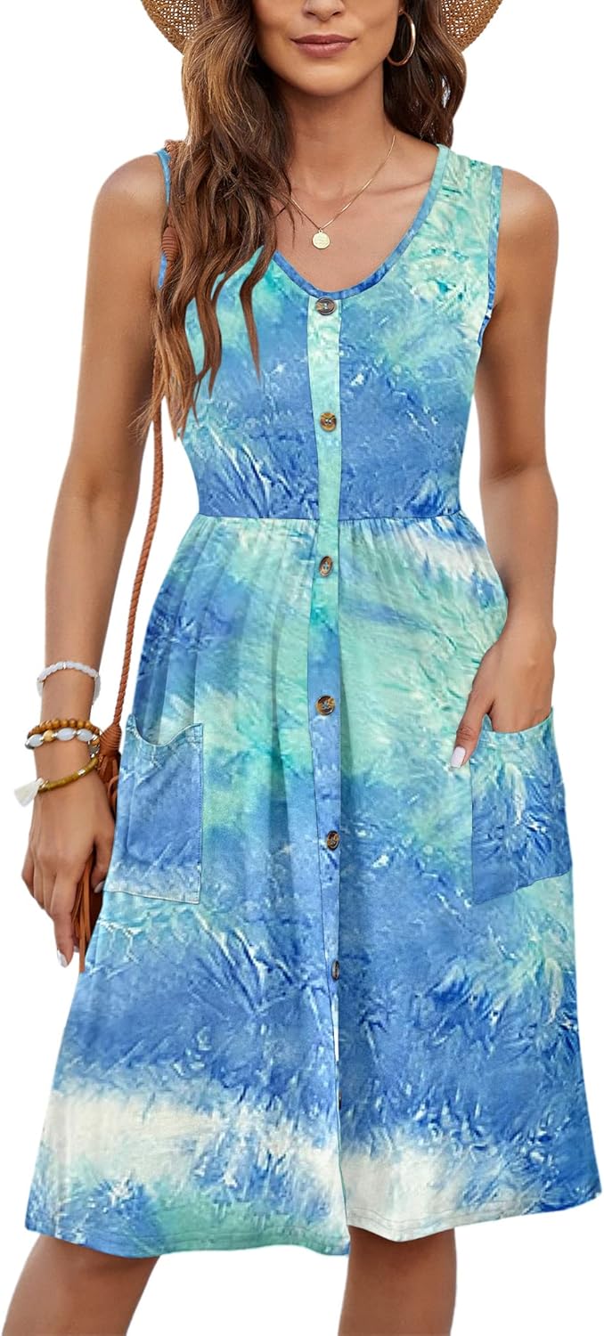 MOLERANI Women Summer Dresses Sleeveless Casual Loose Swing Button Down Midi Dress with Pockets