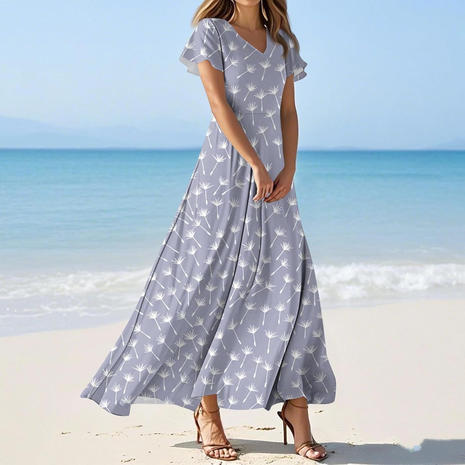 Womens Fashion V Neck Ruffle Short Sleeve Maxi Dress 2025 Summer Elegant Solid Color Flowy A Line Dresses