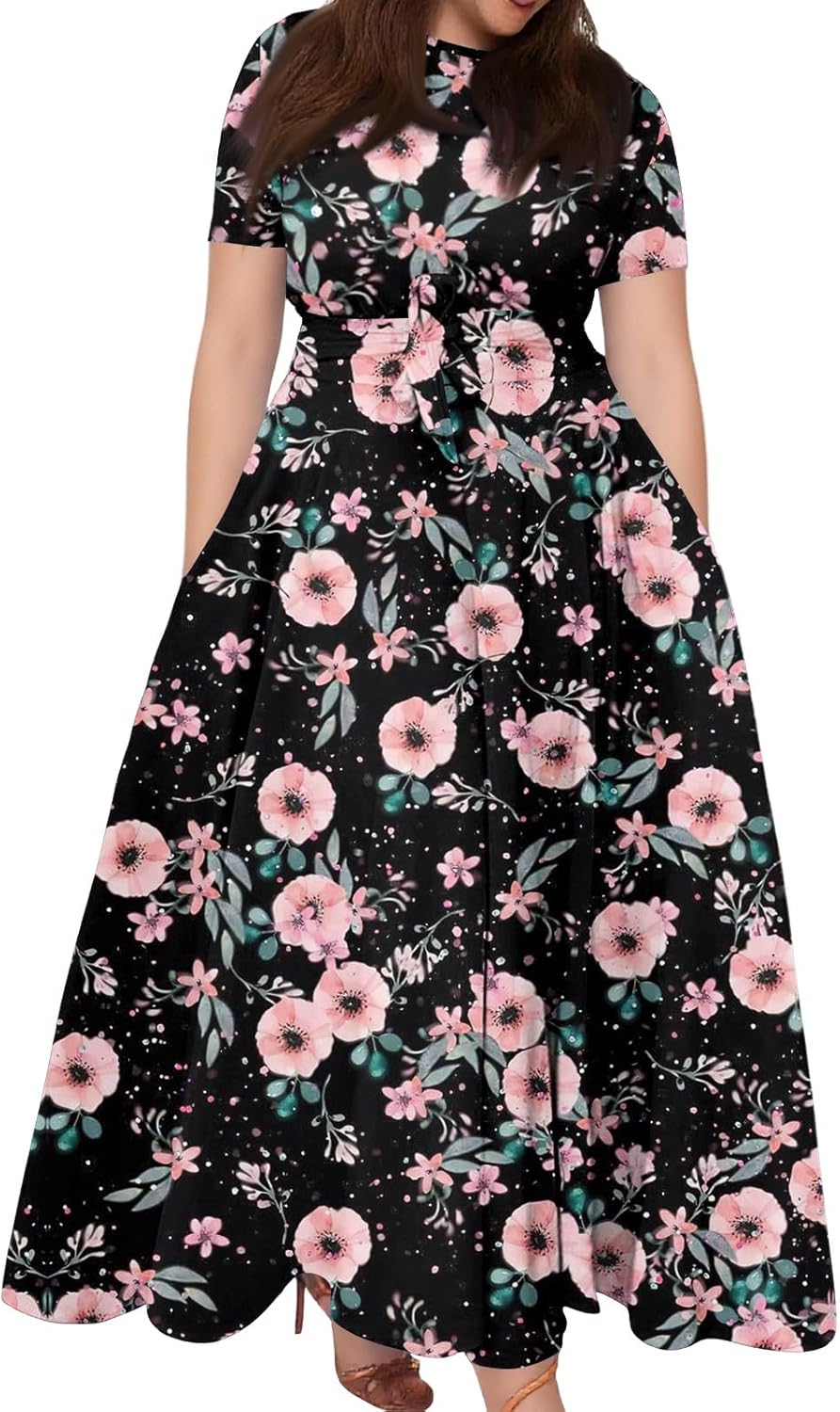 ZEFOTIM Maxi Dress for Women Plus Size Cute Floral Dress Short Sleeve Crew Neck Dresses