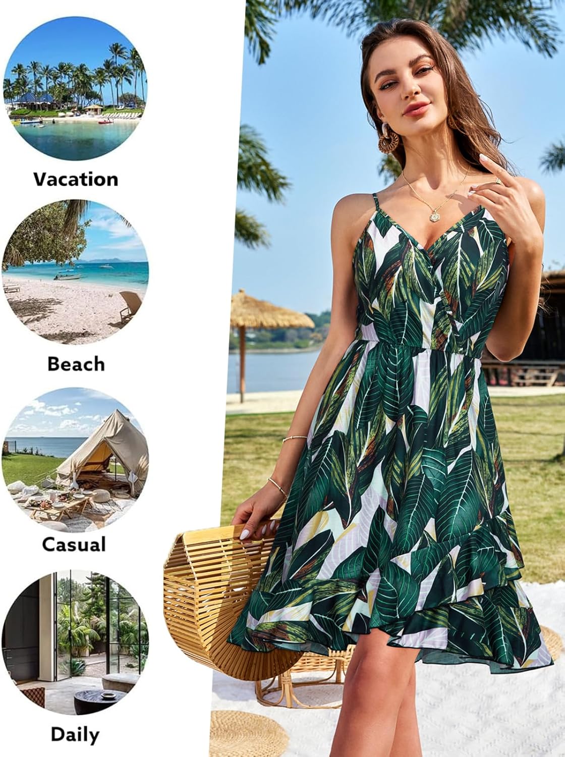 ULTRANICE Womens Summer Dresses Floral V Neck Ruffled Hem Spaghetti Spring Casual Beach Outfits Flowy Wrap Sun Dress