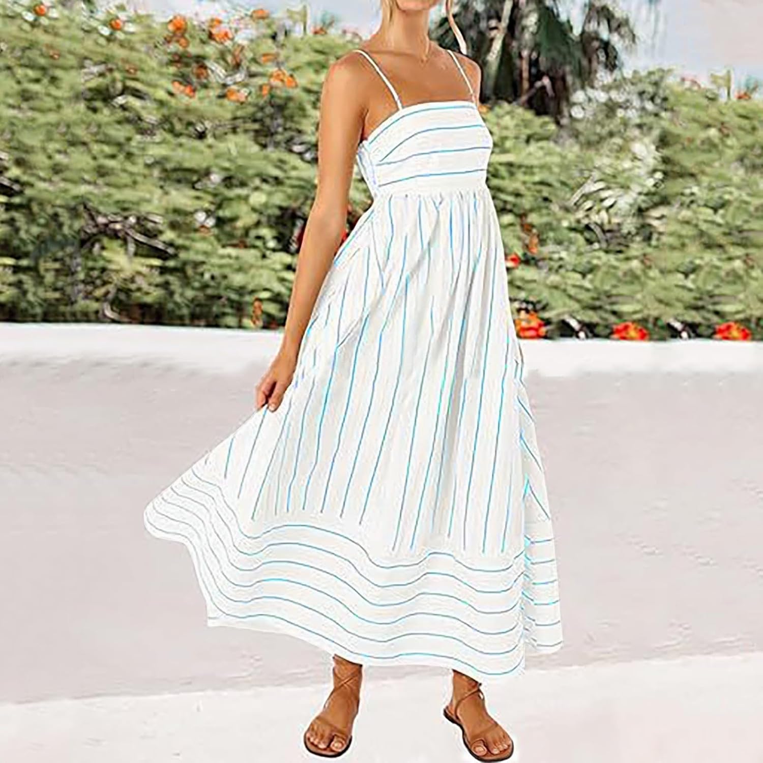 Beach Dresses for Women Summer Striped Back Smocked Maxi Dress Spaghetti Strap Cut Out Flowy A Line Long Sundresses