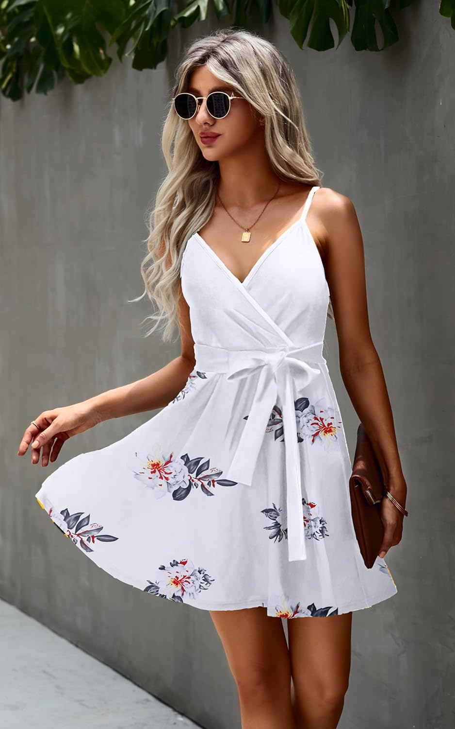 ECOWISH Summer Dresses for Women 2025 V-Neck Spaghetti Strap Bowknot Backless Sleeveless Lace Mini Swing Skater Dress