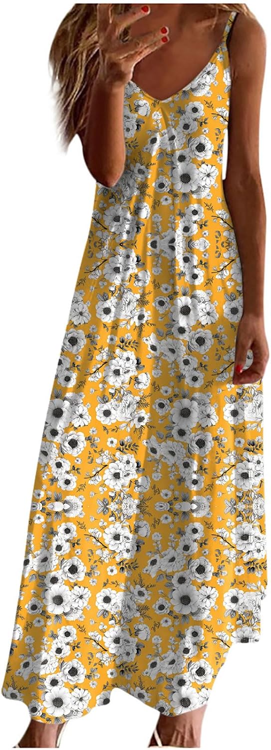 Womens Floral Maxi Dresses Spaghetti Strap Casual Summer Long Dress Vneck Flowy Boho Beach Sundress Vacation Outfits