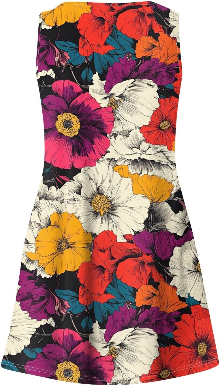 Women's Sleeveless Floral Print Summer Dress Casual V-Neck A-Line Mini Dress for Beach Party and Daily Wear