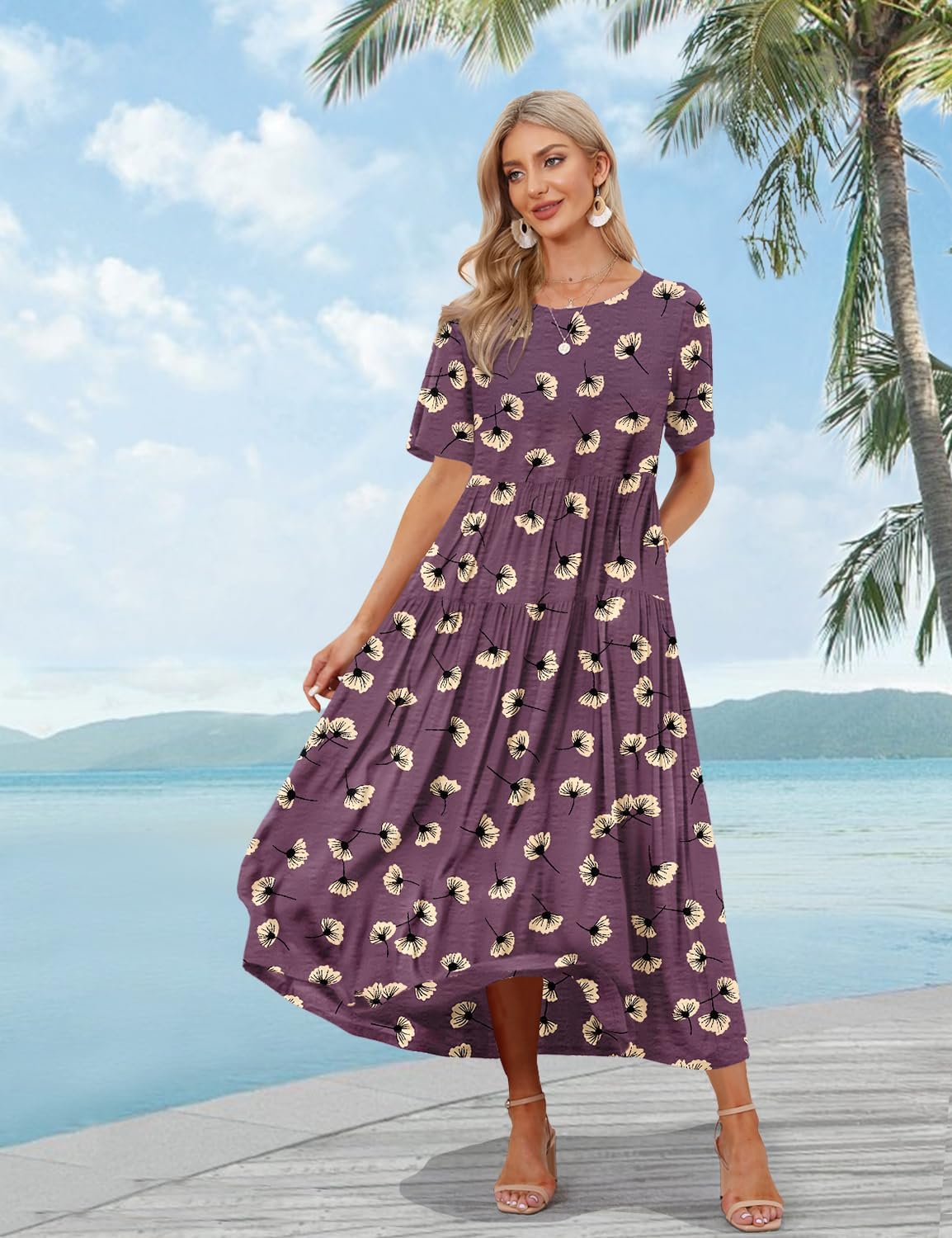 YESNO Women Casual Loose Bohemian Floral Dress with Pockets Short Sleeve Long Maxi Summer Beach Swing Dress EJF