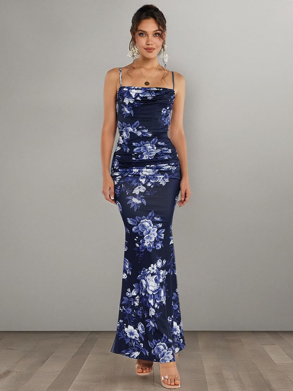 EYNMIN Women's Sleeveless Bodycon Corset Maxi Dress Spaghetti Strap Ruched Elegant Evening Wedding Guest Long Formal Dresses