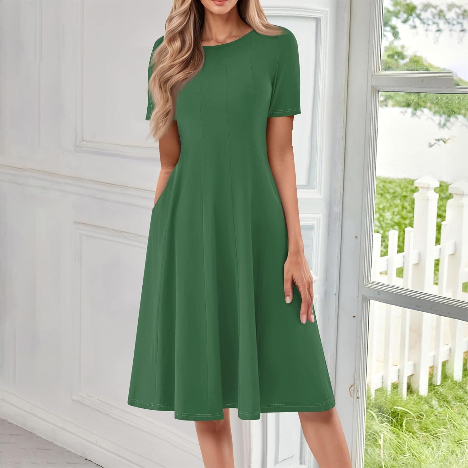 Summer Dresses for Women 2025 Crew Neck Short Sleeve Boho Beach Vacation Floral/Solid Midi Sundresses with Pockets