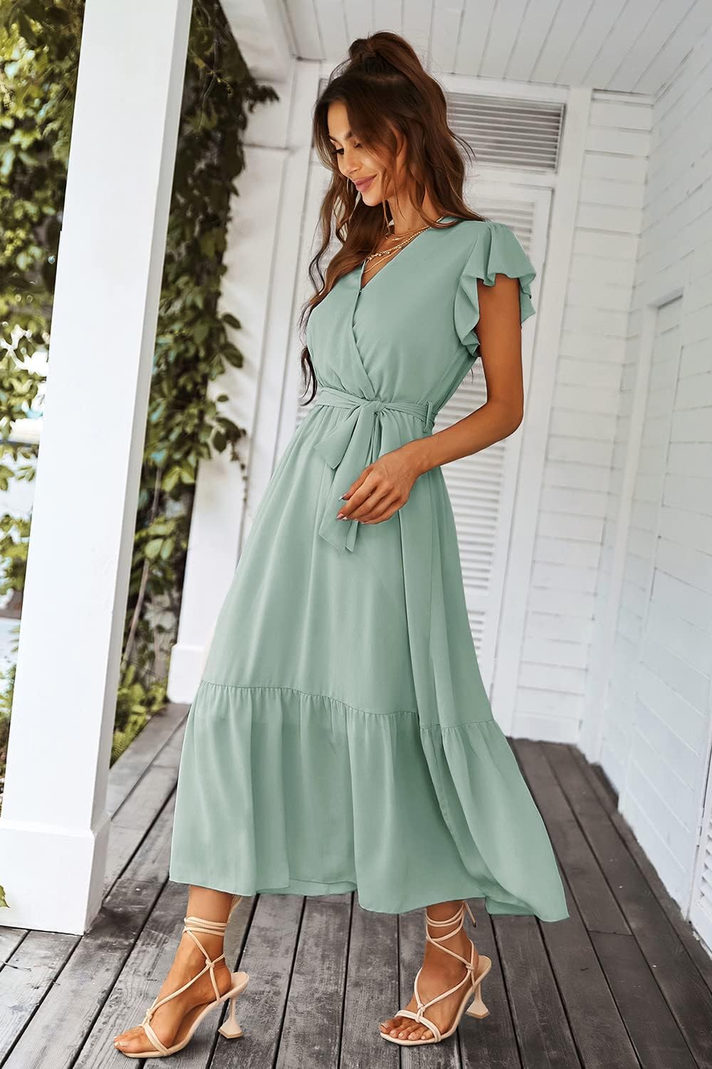 PRETTYGARDEN Women's Summer Floral Boho Dress Wrap V Neck Short Sleeve Ruffle A-Line Flowy Maxi Wedding Guest Dresses