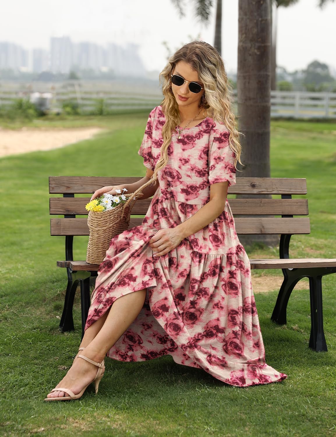 YESNO Women Casual Loose Bohemian Floral Dress with Pockets Short Sleeve Long Maxi Summer Beach Swing Dress EJF