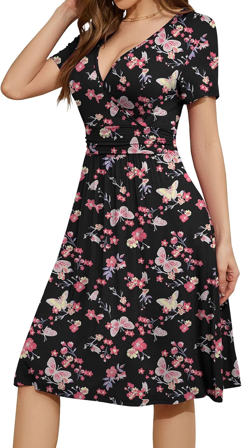 WEACZZY Women's Summer Short Sleeve Casual Dresses V-Neck Floral Party Dress with Pockets