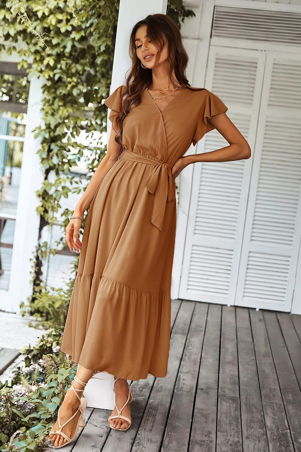 PRETTYGARDEN Women's Summer Floral Boho Dress Wrap V Neck Short Sleeve Ruffle A-Line Flowy Maxi Wedding Guest Dresses