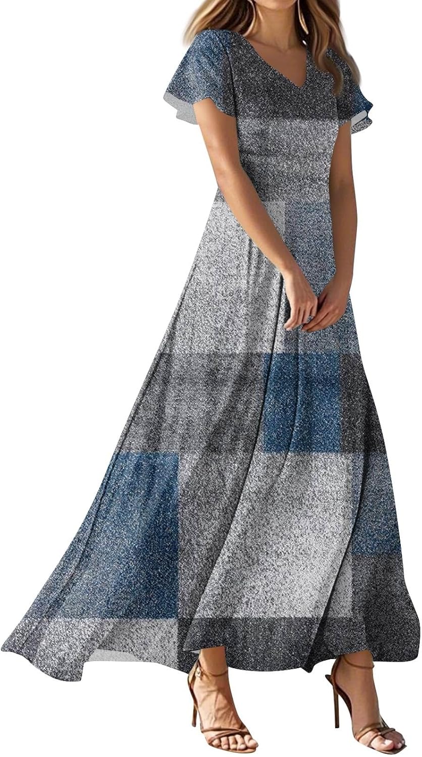 Womens Fashion V Neck Ruffle Short Sleeve Maxi Dress 2025 Summer Elegant Solid Color Flowy A Line Dresses