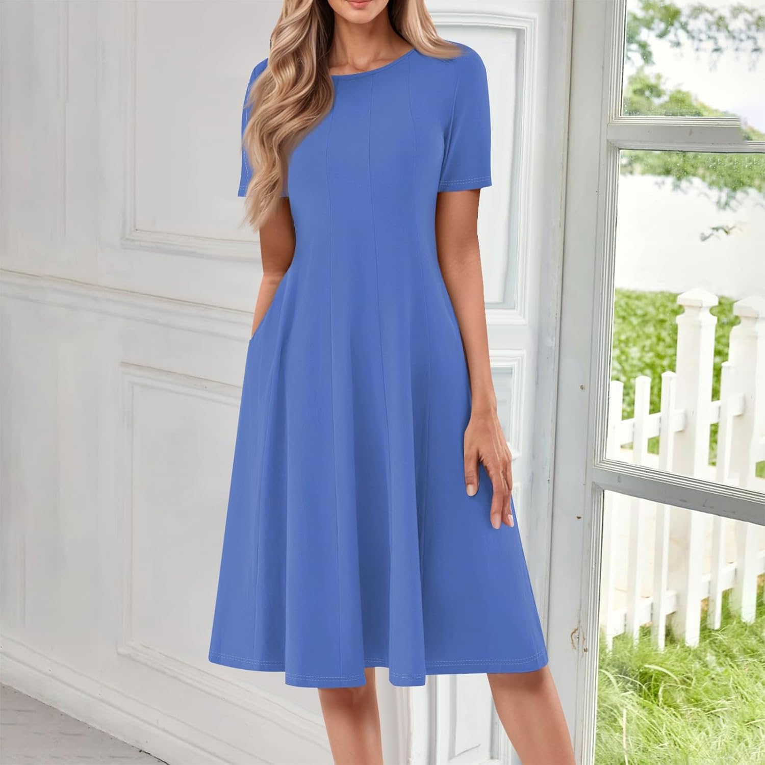 Summer Dresses for Women 2025 Crew Neck Short Sleeve Boho Beach Vacation Floral/Solid Midi Sundresses with Pockets
