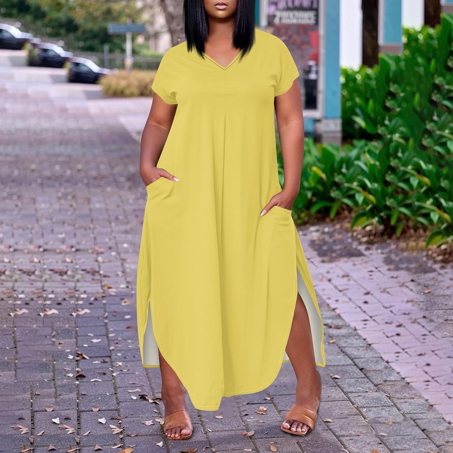 Maxi Dresses for Women 2025 Plus Size Tie Dye V Neck Dress Short Sleeve Side Split Beach Summer Sundress with Pocket