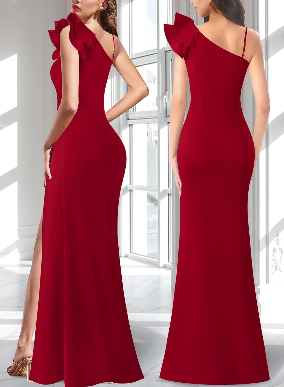 VFSHOW Womens Ruffle One Shoulder Strap Ruched Formal Prom Wedding Maxi Dress V Neck Elegant Split Cocktail Evening Long Gown