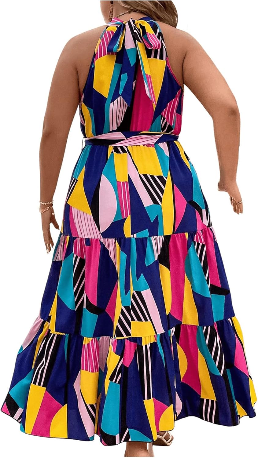 Floerns Women's Plus Size Boho Sleeveless Halter Neck Tie Back A Line Long Dress